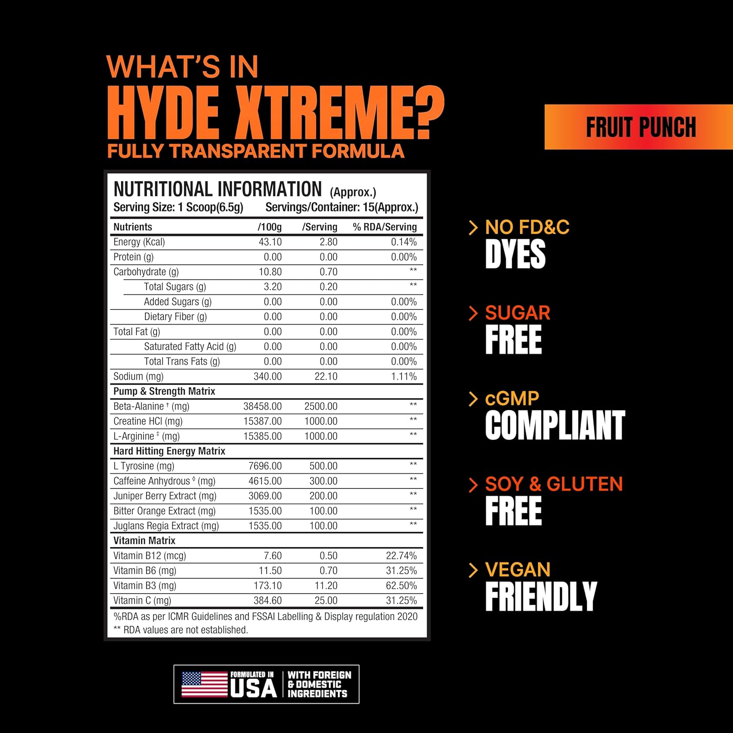 Hyde Xtreme - Hard Hitting Energy Pre Workout Supplement | Caffeine, Beta-alanine, Creatine HCl, L-arginine | For Muscle Pump, Vascularity, Strength and Focus | 15 servings (Fruit Punch)