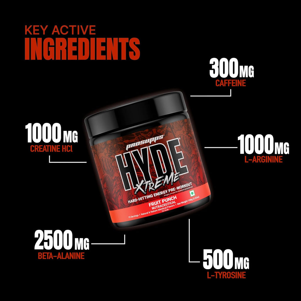 Hyde Xtreme - Hard Hitting Energy Pre Workout Supplement | Caffeine, Beta-alanine, Creatine HCl, L-arginine | For Muscle Pump, Vascularity, Strength and Focus | 15 servings (Fruit Punch)