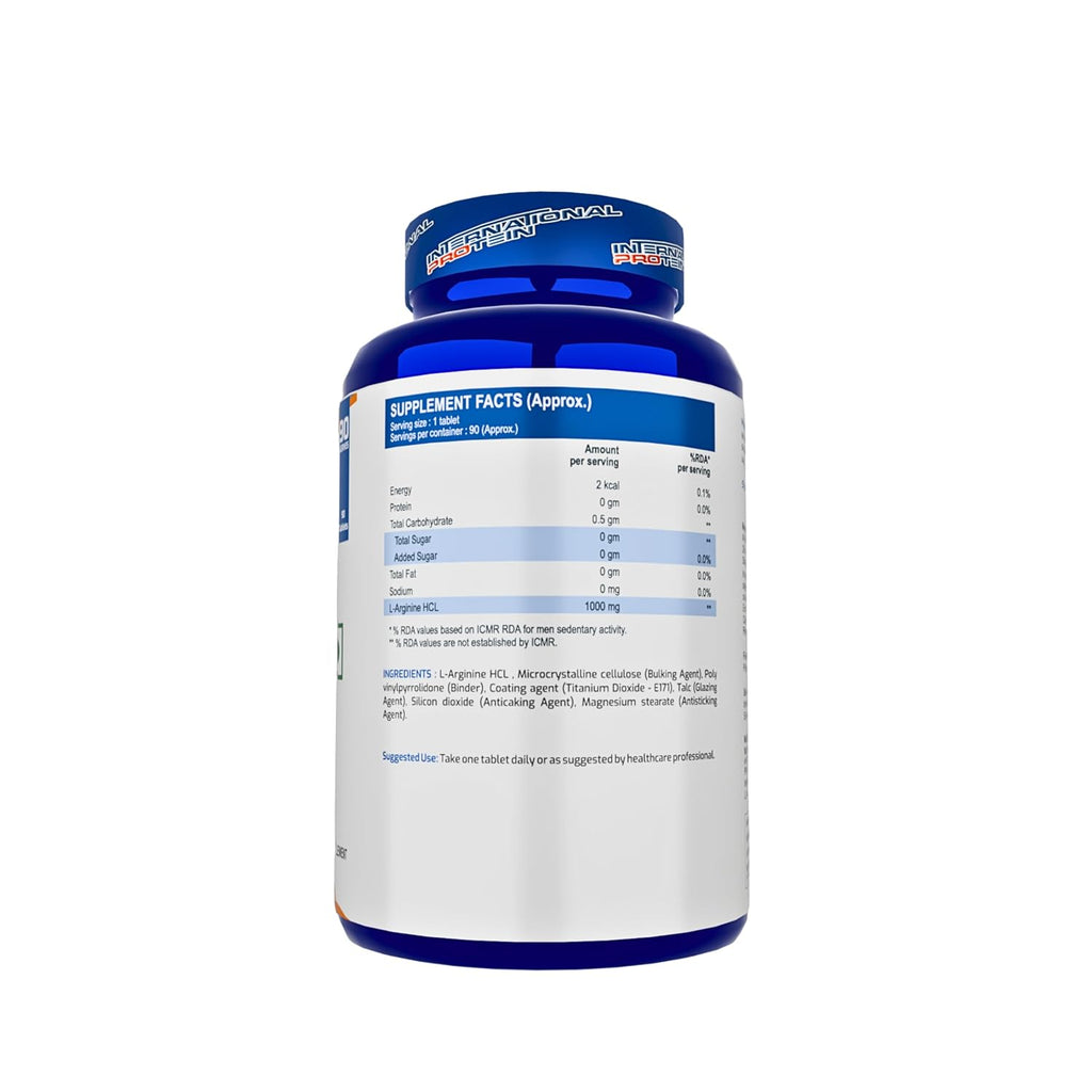International Protein L-Arginine 1000mg Tablets for Men & Women | Amino Acid Supplement for Active Lifestyle & Workout Support | 90 Tablets