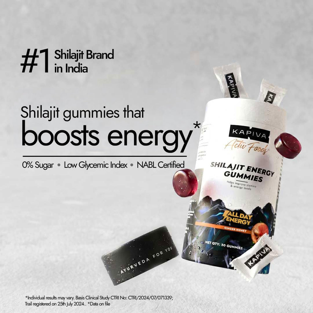 Kapiva Himalayan Shilajit/Shilajeet Gummies | 225mg Shilajit/Gummy | Ginger Honey Flavour | NABL-Certified Gummy | Boosts Energy Levels, Endurance & Stamina | No Added Sugar | Gelatin Free | 60 Gummies