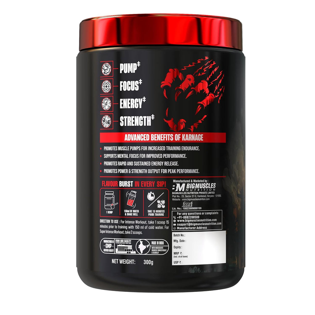 Bigmuscles Nutrition Karnage Pre workout [60 Servings, Arctic Blast] | Pre-workout Supplement Supports to Improve Focus, Strength, Energy and Pump, Banned Substance Tested, Dope Free, 300g