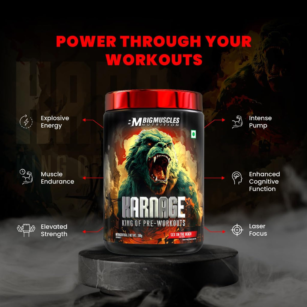 Bigmuscles Nutrition Karnage Pre workout [60 Servings, Arctic Blast] | Pre-workout Supplement Supports to Improve Focus, Strength, Energy and Pump, Banned Substance Tested, Dope Free, 300g