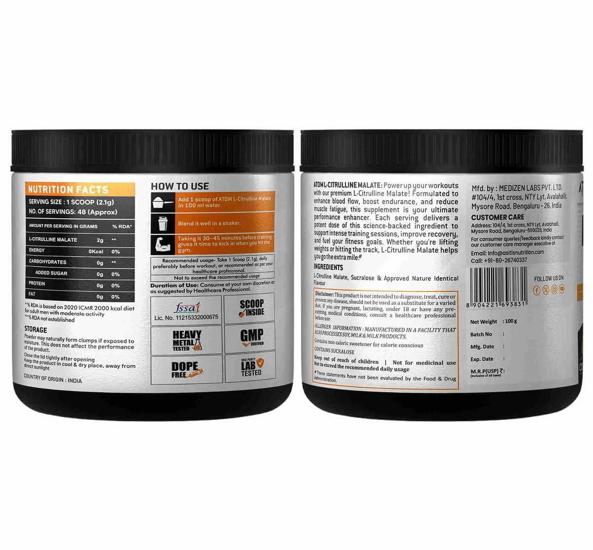 AS-IT-IS Nutrition ATOM L-Citrulline Malate Powder 2000mg, Boosts Nitric acid & Muscle recovery, Supports Endurance & Muscle Pump, Pre-Workout Supplement Men & Women, 100gm, 48 serves, Water Melon