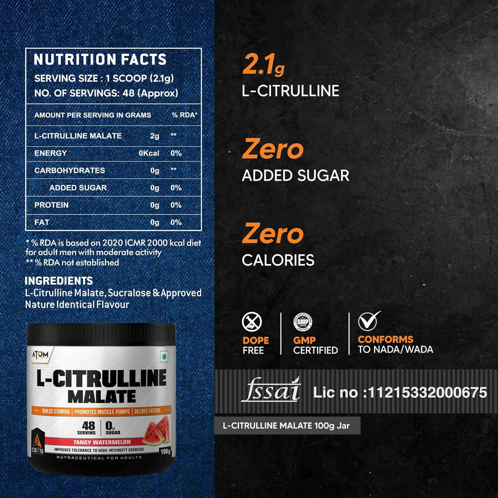 AS-IT-IS Nutrition ATOM L-Citrulline Malate Powder 2000mg, Boosts Nitric acid & Muscle recovery, Supports Endurance & Muscle Pump, Pre-Workout Supplement Men & Women, 100gm, 48 serves, Water Melon