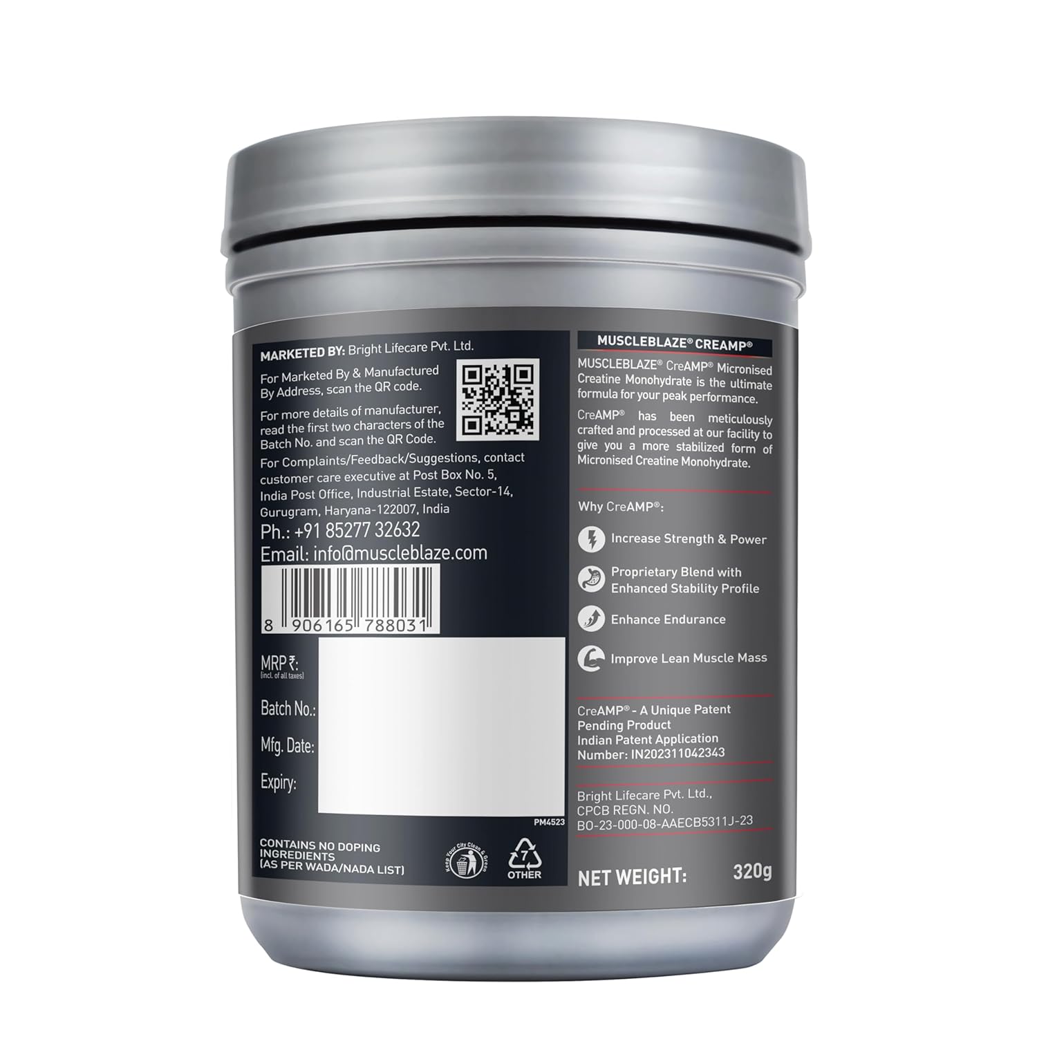 MuscleBlaze Micronised Creatine Monohydrate CreAMP Powder, Juicy Berries (80 Servings, 320g) | Trustified Certified Creatine