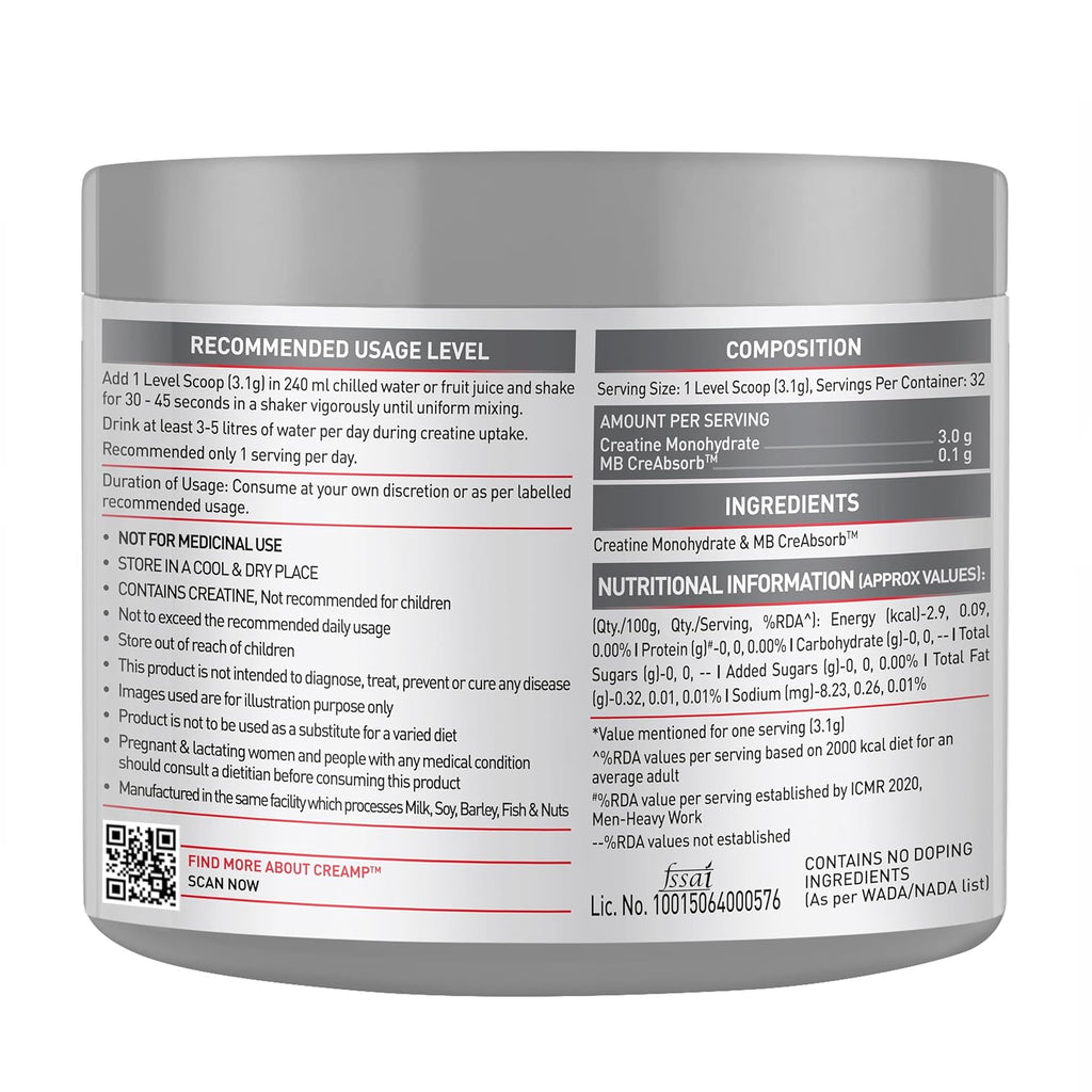 MuscleBlaze Micronised Creatine Monohydrate CreAMP Powder, Unflavoured (32 Servings, 100g) | Trustified Certified Creatine