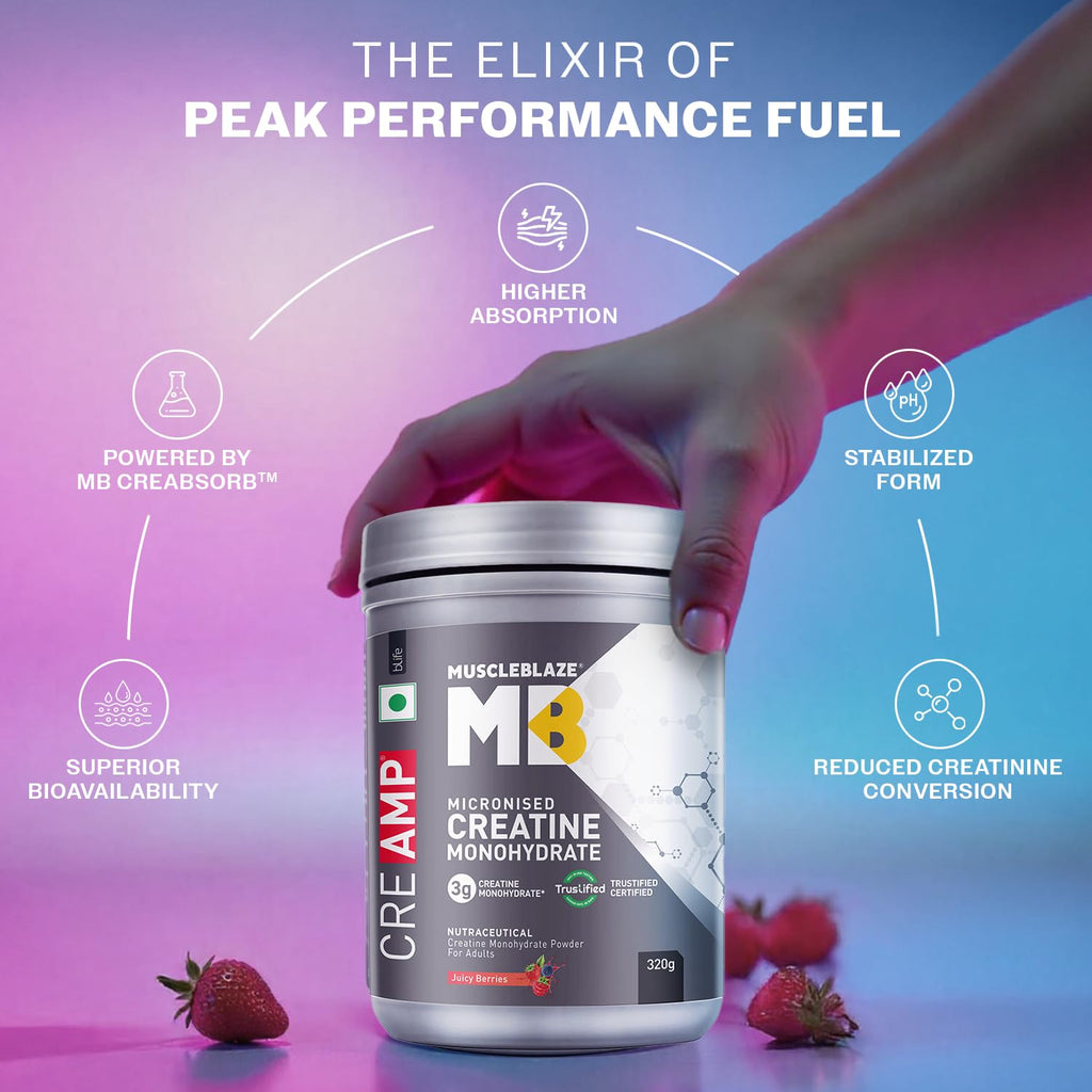 MuscleBlaze Micronised Creatine Monohydrate CreAMP Powder, Juicy Berries (80 Servings, 320g) | Trustified Certified Creatine
