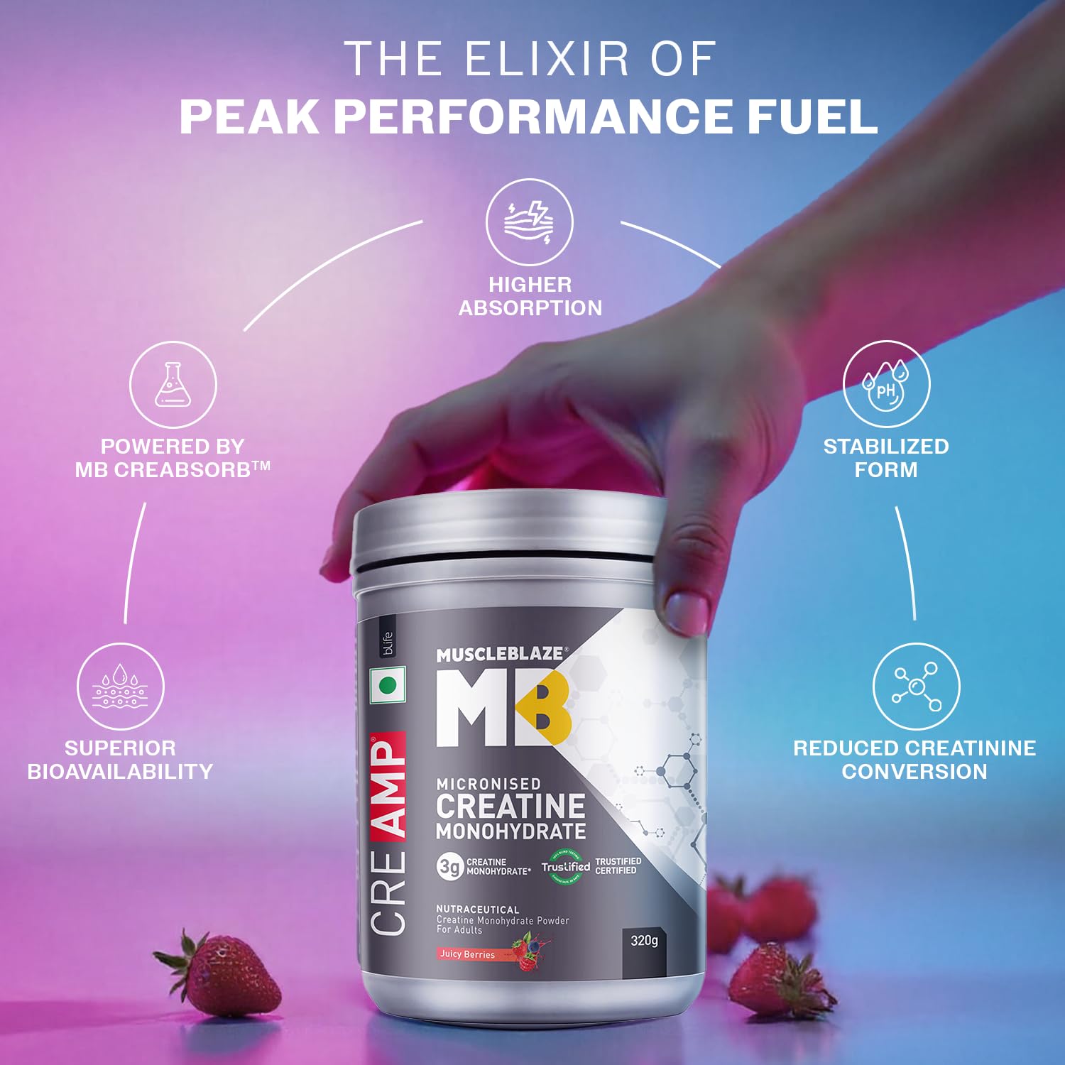 MuscleBlaze Micronised Creatine Monohydrate CreAMP Powder, Juicy Berries (80 Servings, 320g) | Trustified Certified Creatine