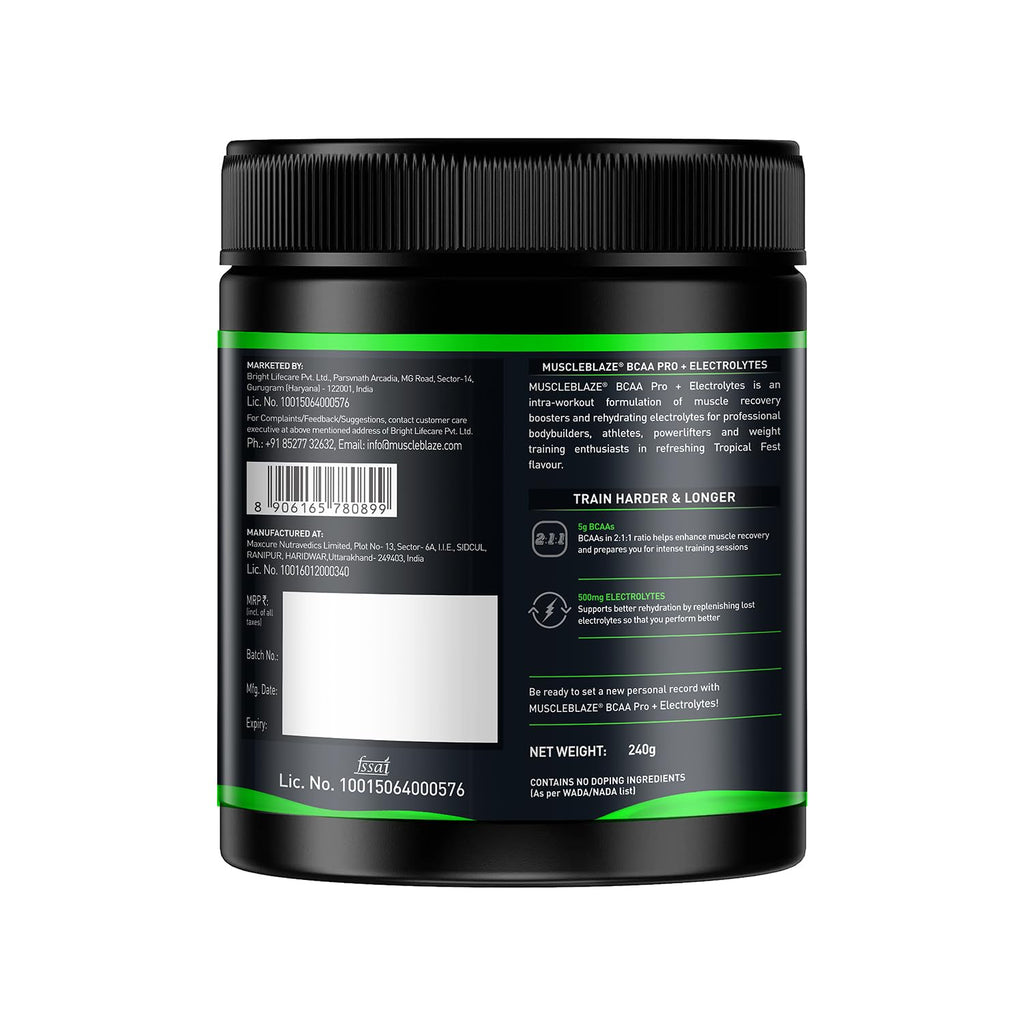 MuscleBlaze BCAA Pro Powder, Powerful Intra Workout (Tropical Fest, 240g, 30 Servings) | With 5g BCAAs & 500mg Electrolytes