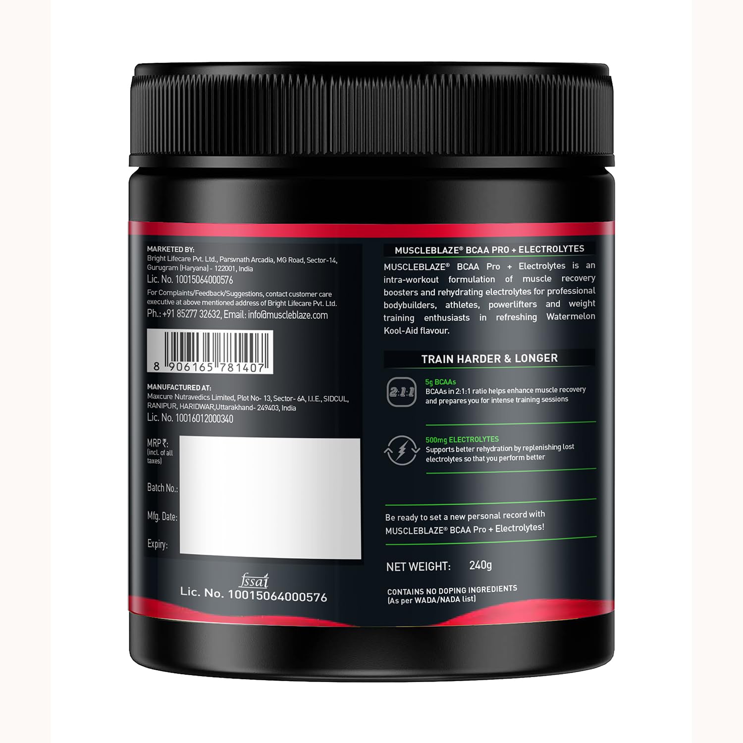 MuscleBlaze BCAA Pro Powder, Powerful Intra Workout (Watermelon Kool Aid, 240g, 30 Servings) | With 5g BCAAs & 500mg Electrolytes
