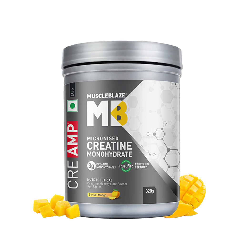 MuscleBlaze Micronised Creatine Monohydrate CreAMP Powder, Sunset Mango (80 Servings, 320g) | Trustified Certified Creatine
