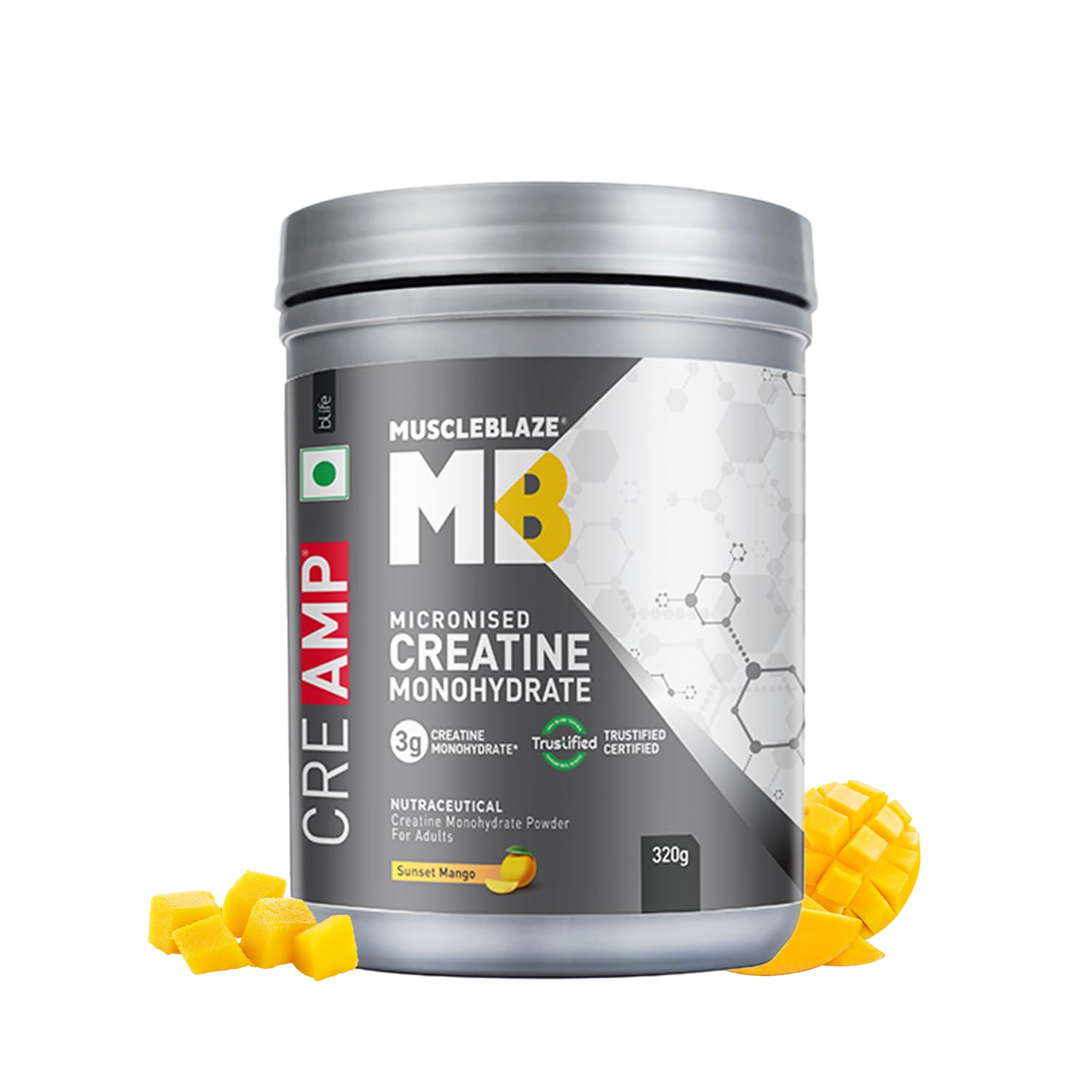 MuscleBlaze Micronised Creatine Monohydrate CreAMP Powder, Sunset Mango (80 Servings, 320g) | Trustified Certified Creatine