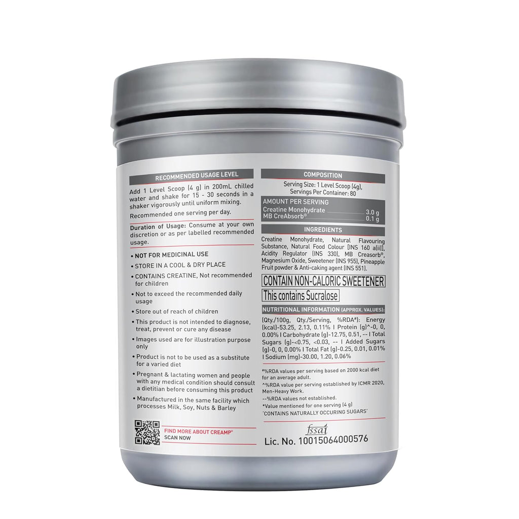 MuscleBlaze Micronised Creatine Monohydrate CreAMP Powder, Sunset Mango (80 Servings, 320g) | Trustified Certified Creatine