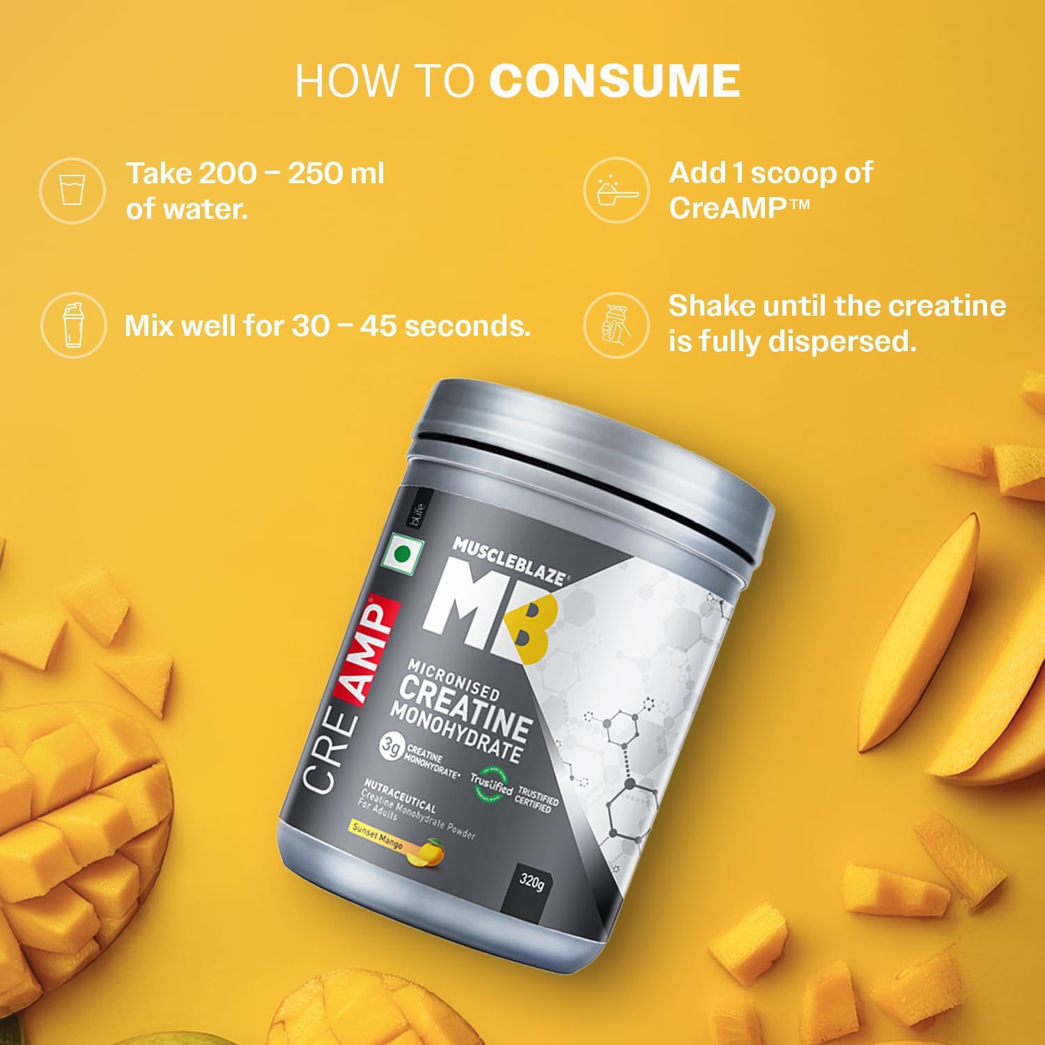 MuscleBlaze Micronised Creatine Monohydrate CreAMP Powder, Sunset Mango (80 Servings, 320g) | Trustified Certified Creatine