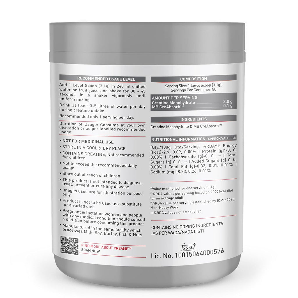 MuscleBlaze Micronised Creatine Monohydrate CreAMP Powder, Unflavoured (80 Servings, 250g) | Trustified Certified Creatine