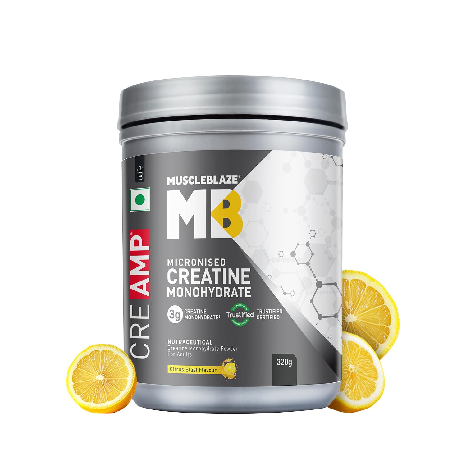 MuscleBlaze Micronised Creatine Monohydrate CreAMP Powder, Citrus Blast (80 Servings, 320g) | Trustified Certified Creatine