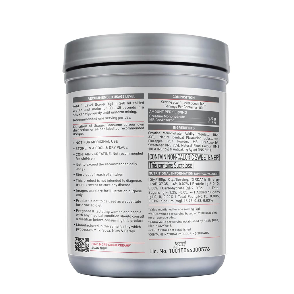 MuscleBlaze Micronised Creatine Monohydrate CreAMP Powder, Citrus Blast (80 Servings, 320g) | Trustified Certified Creatine