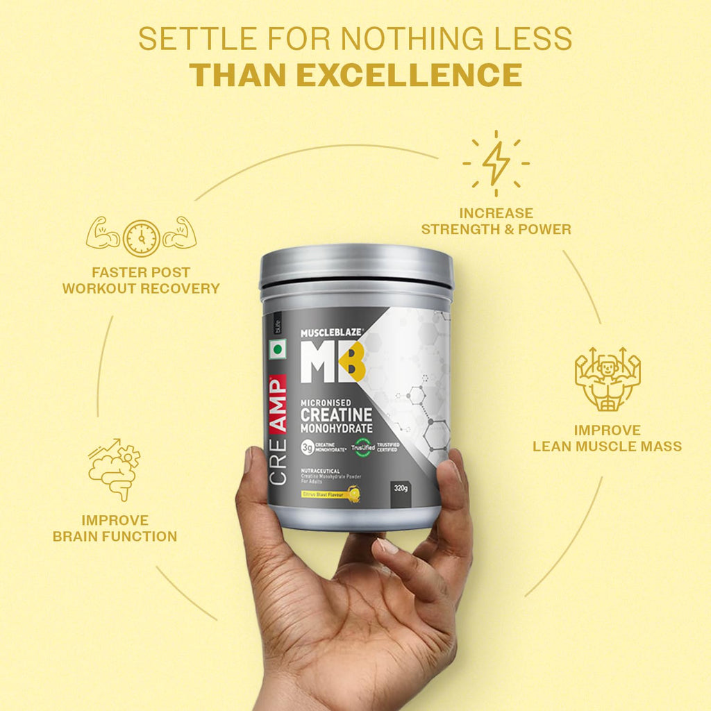 MuscleBlaze Micronised Creatine Monohydrate CreAMP Powder, Citrus Blast (80 Servings, 320g) | Trustified Certified Creatine