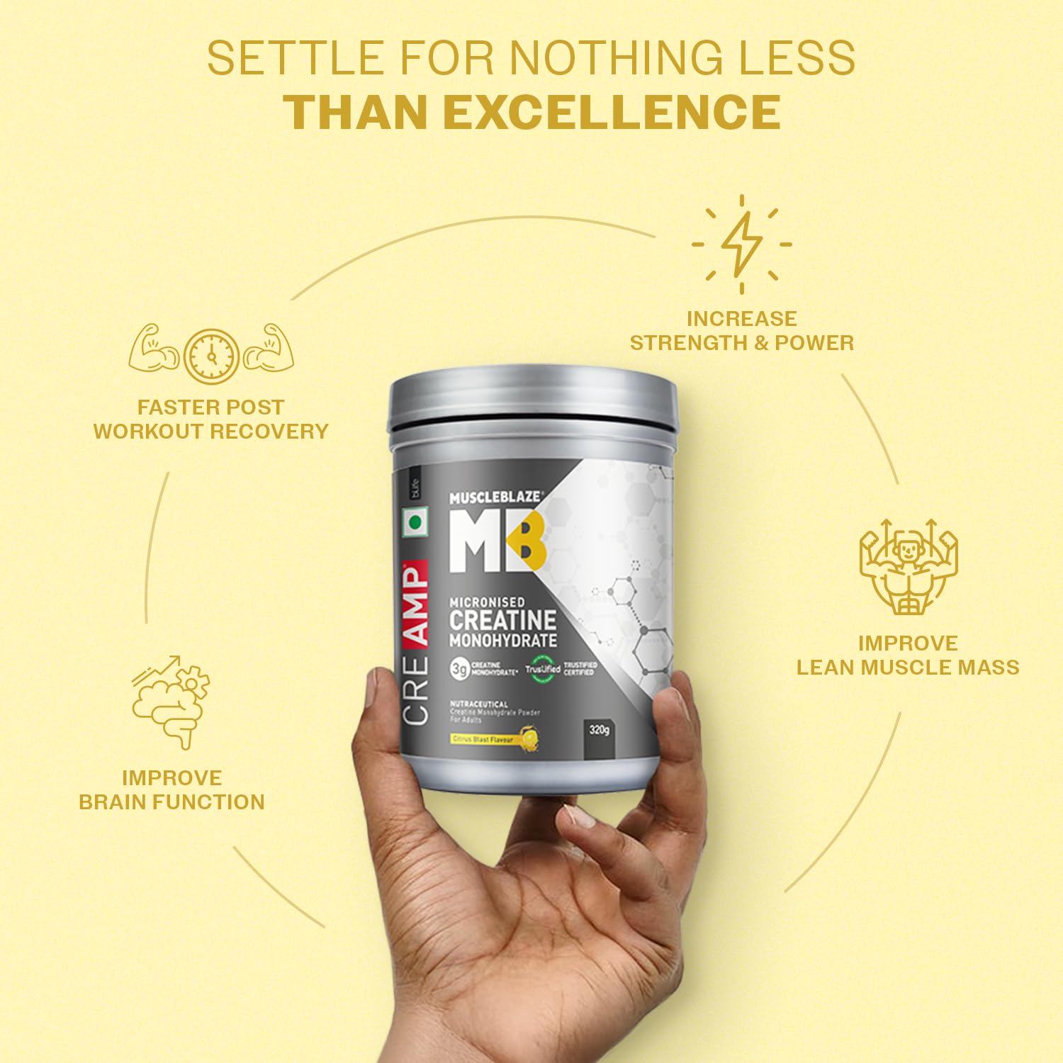 MuscleBlaze Micronised Creatine Monohydrate CreAMP Powder, Citrus Blast (80 Servings, 320g) | Trustified Certified Creatine