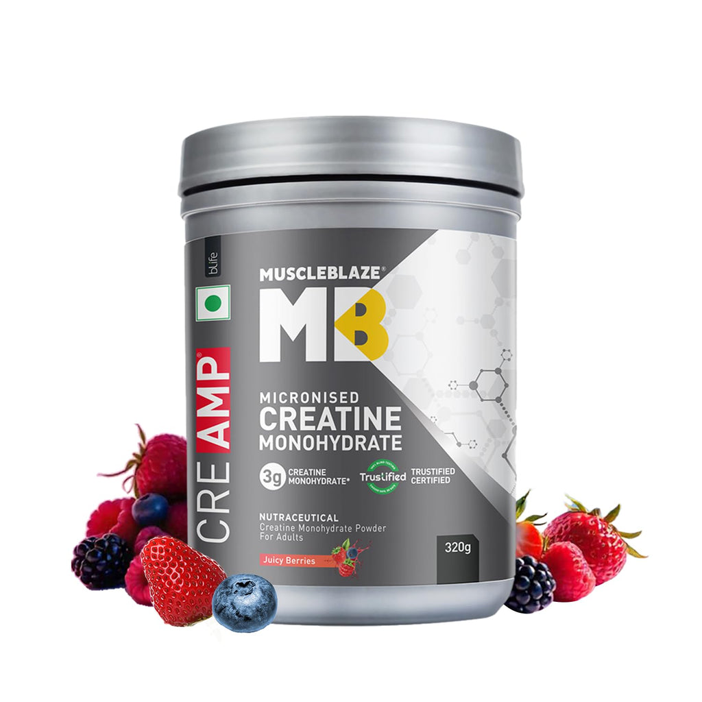 MuscleBlaze Micronised Creatine Monohydrate CreAMP Powder, Juicy Berries (80 Servings, 320g) | Trustified Certified Creatine