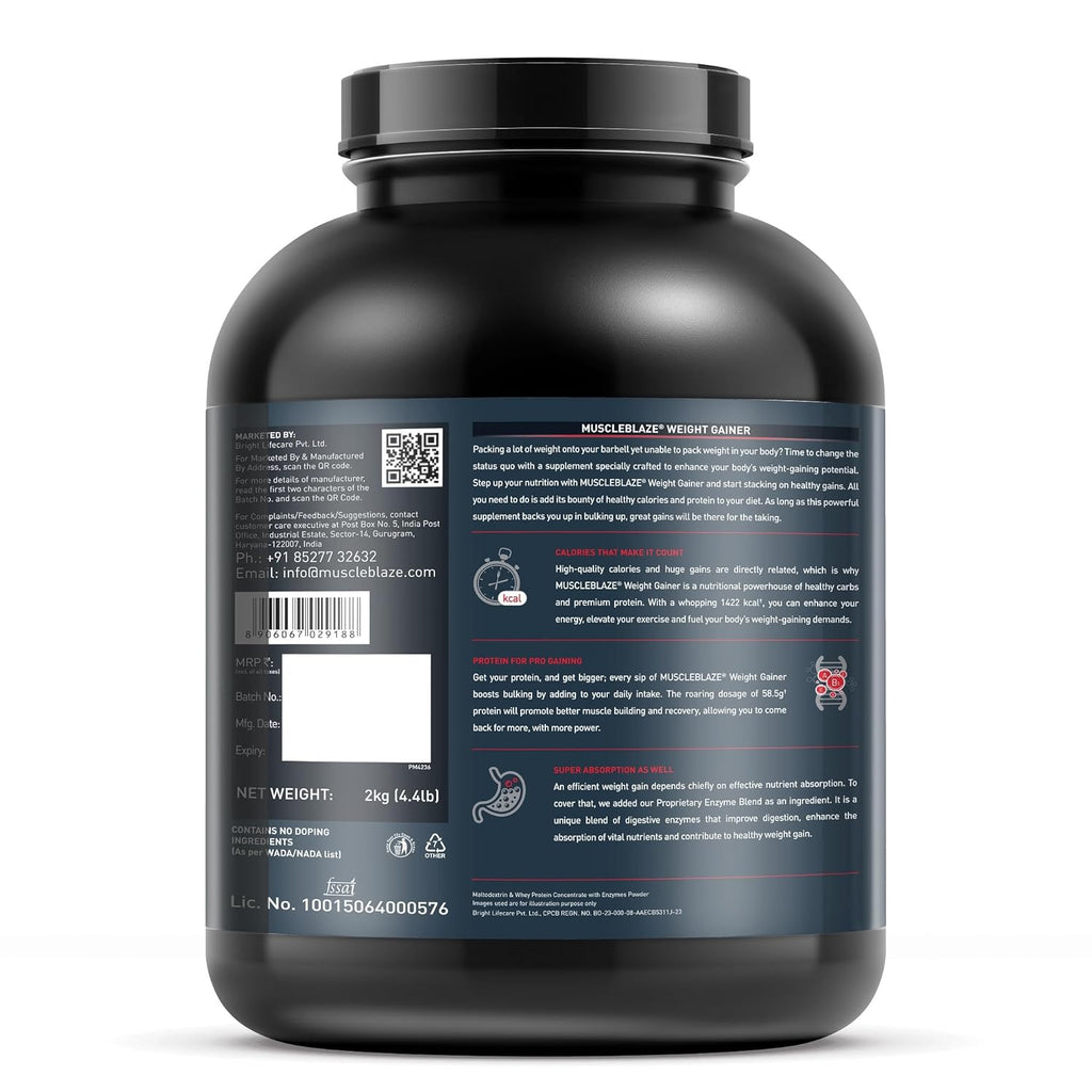 MuscleBlaze Weight Gainer Powder with Added Digezyme, Chocolate (20 Servings, 2kg / 4.4lbs) | 12g Protein, 72g Carbs Per Scoop