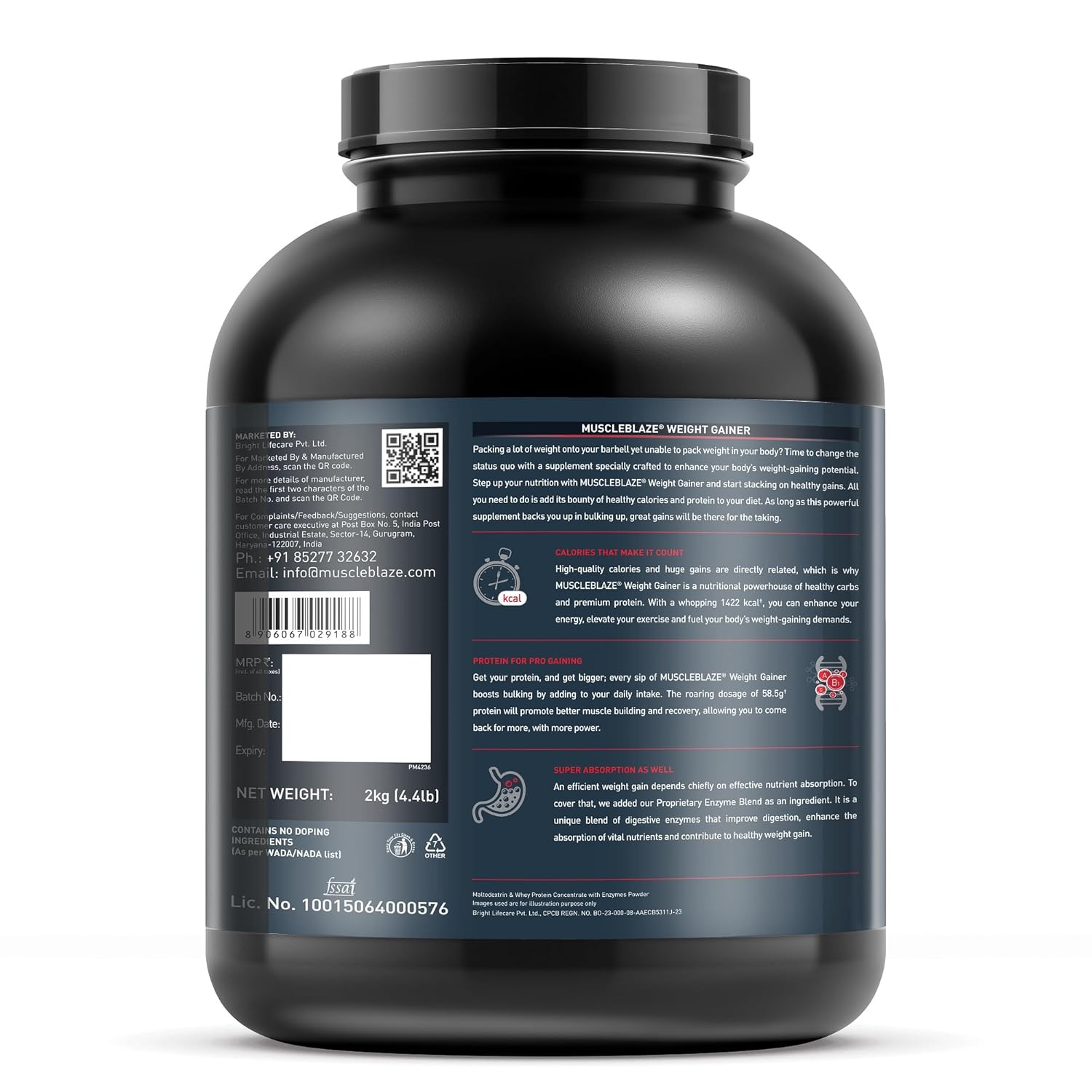 MuscleBlaze Weight Gainer Powder with Added Digezyme, Chocolate (20 Servings, 2kg / 4.4lbs) | 12g Protein, 72g Carbs Per Scoop