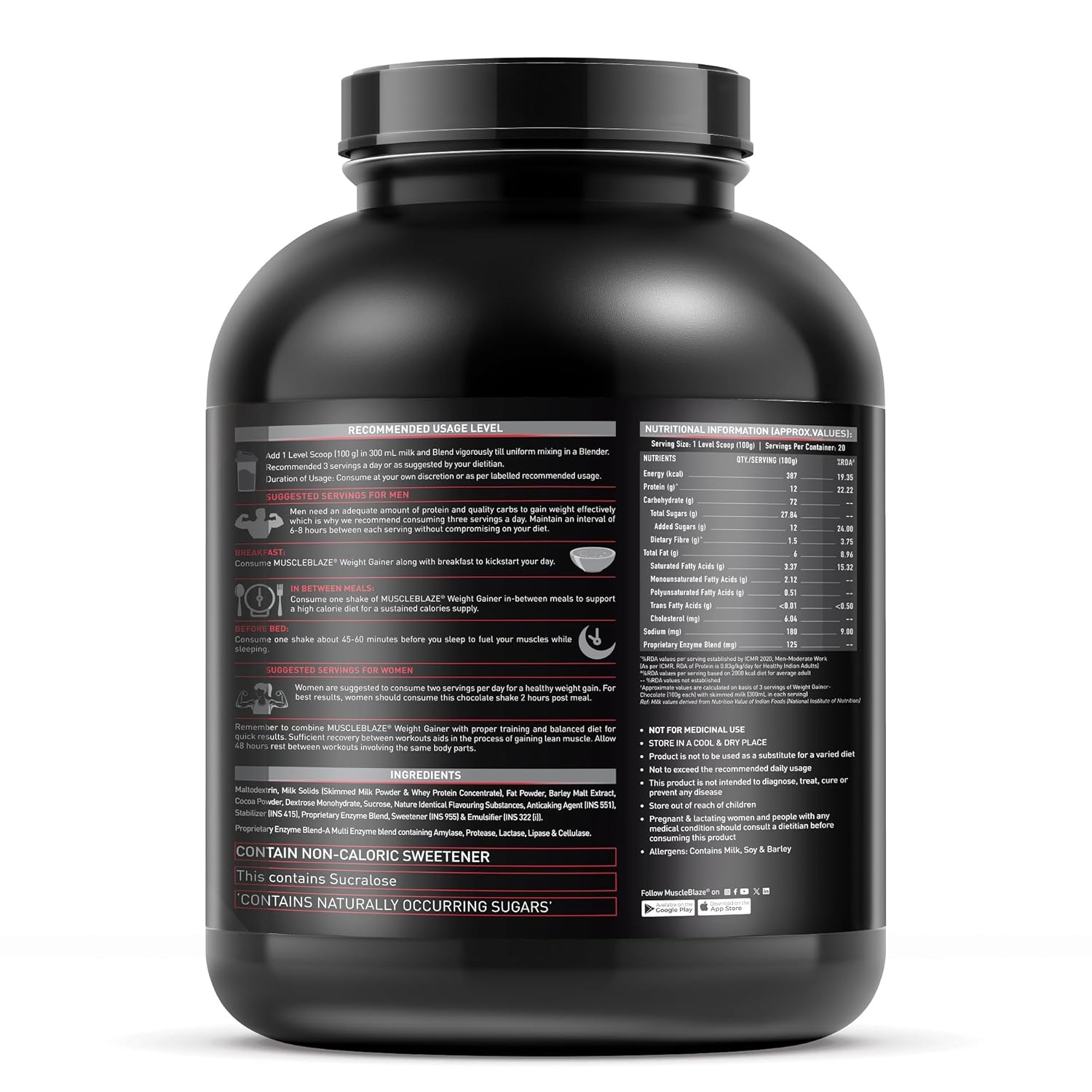 MuscleBlaze Weight Gainer Powder with Added Digezyme, Chocolate (20 Servings, 2kg / 4.4lbs) | 12g Protein, 72g Carbs Per Scoop