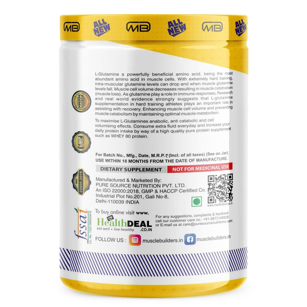 M B Muscle Builder's Glutamine Supplement | For Muscle Building | Post workout Recovery & Performance| 250 gm, 50 Servings