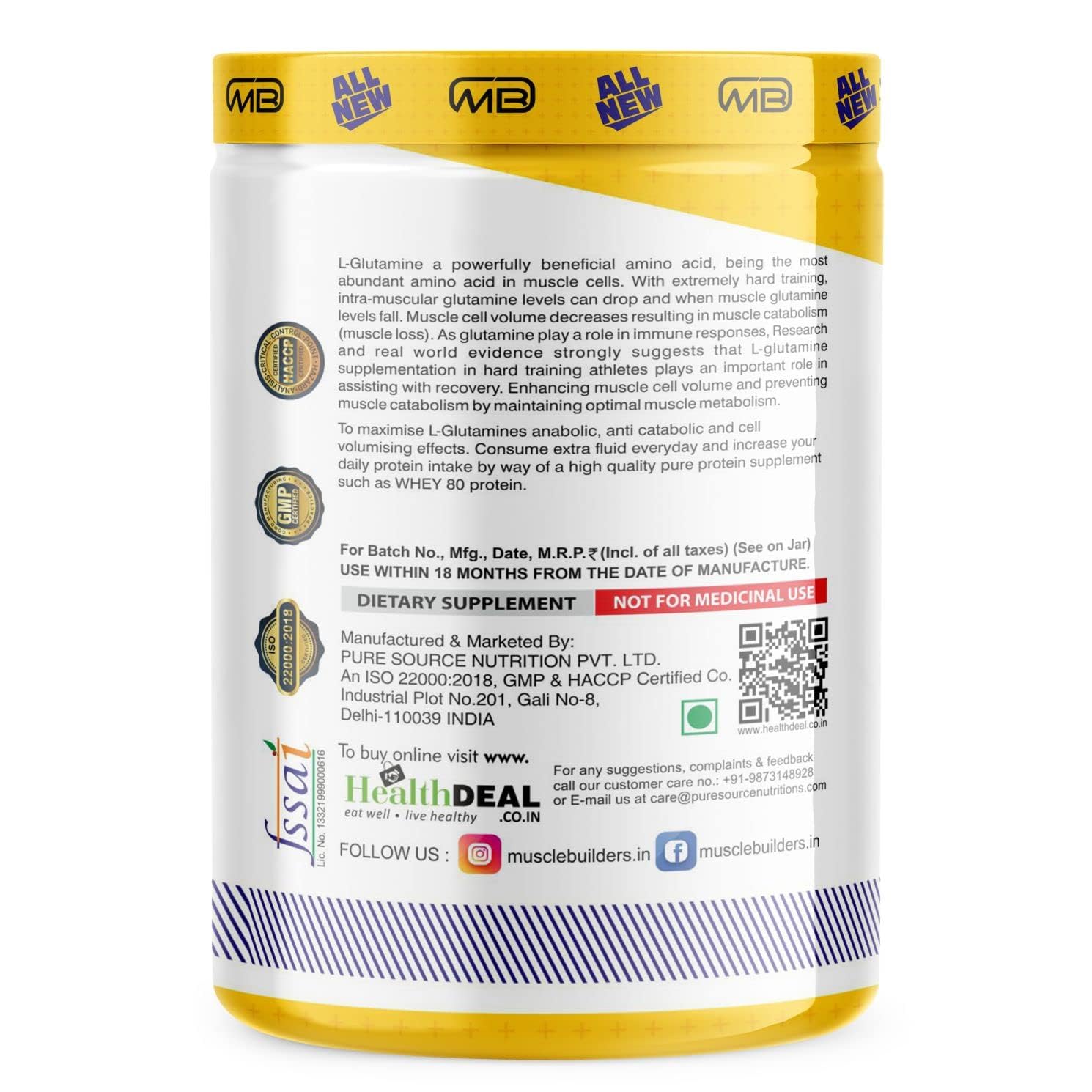 M B Muscle Builder's Glutamine Supplement | For Muscle Building | Post workout Recovery & Performance| 250 gm, 50 Servings