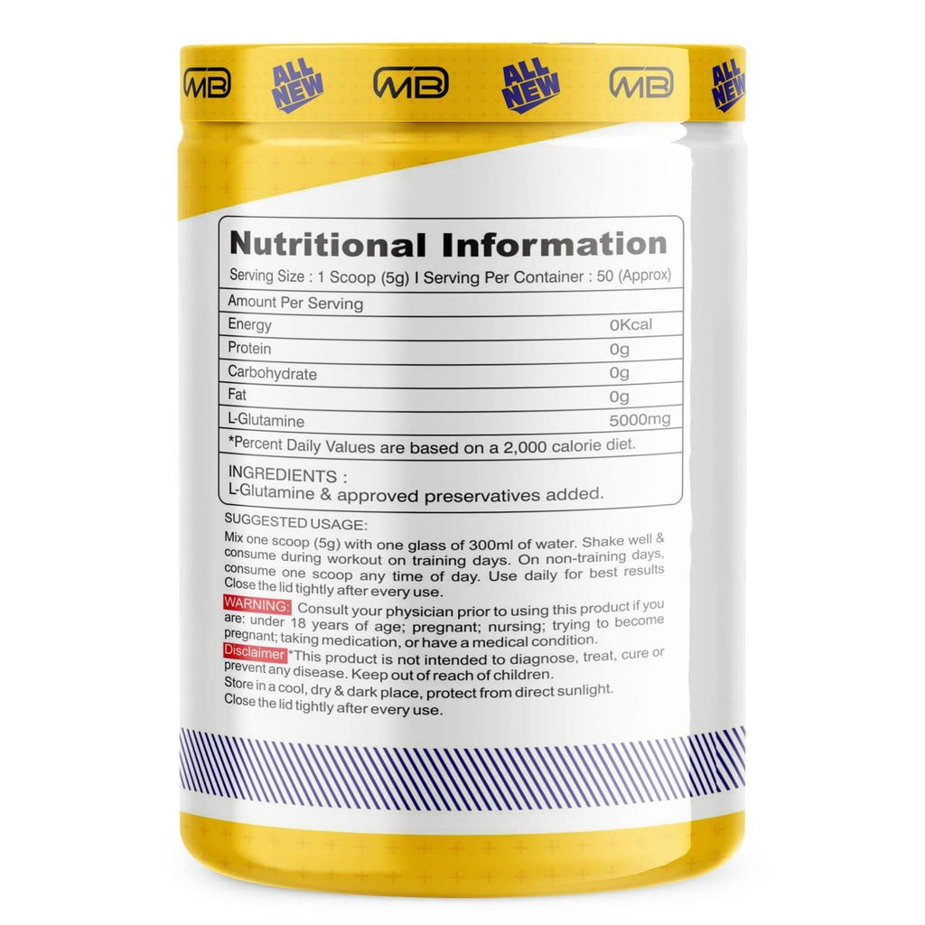 M B Muscle Builder's Glutamine Supplement | For Muscle Building | Post workout Recovery & Performance| 250 gm, 50 Servings