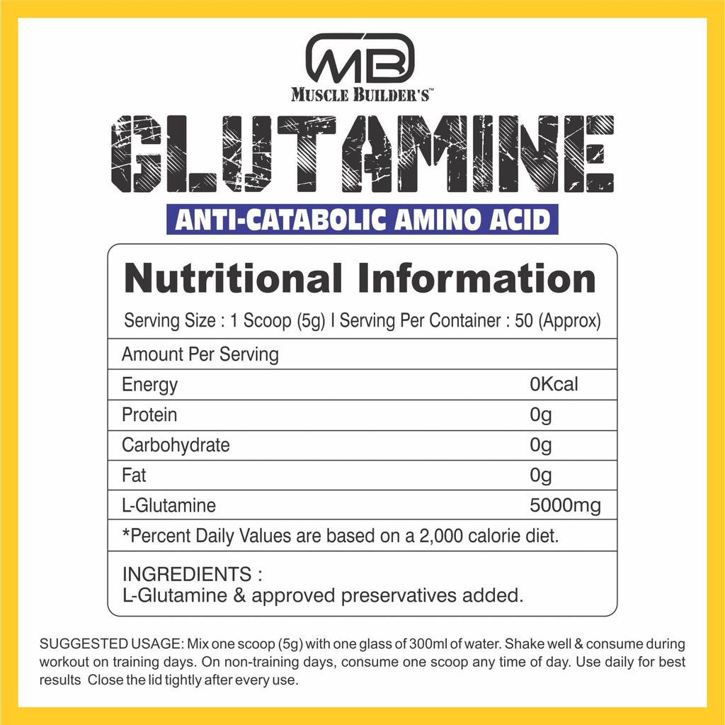 M B Muscle Builder's Glutamine Supplement | For Muscle Building | Post workout Recovery & Performance| 250 gm, 50 Servings