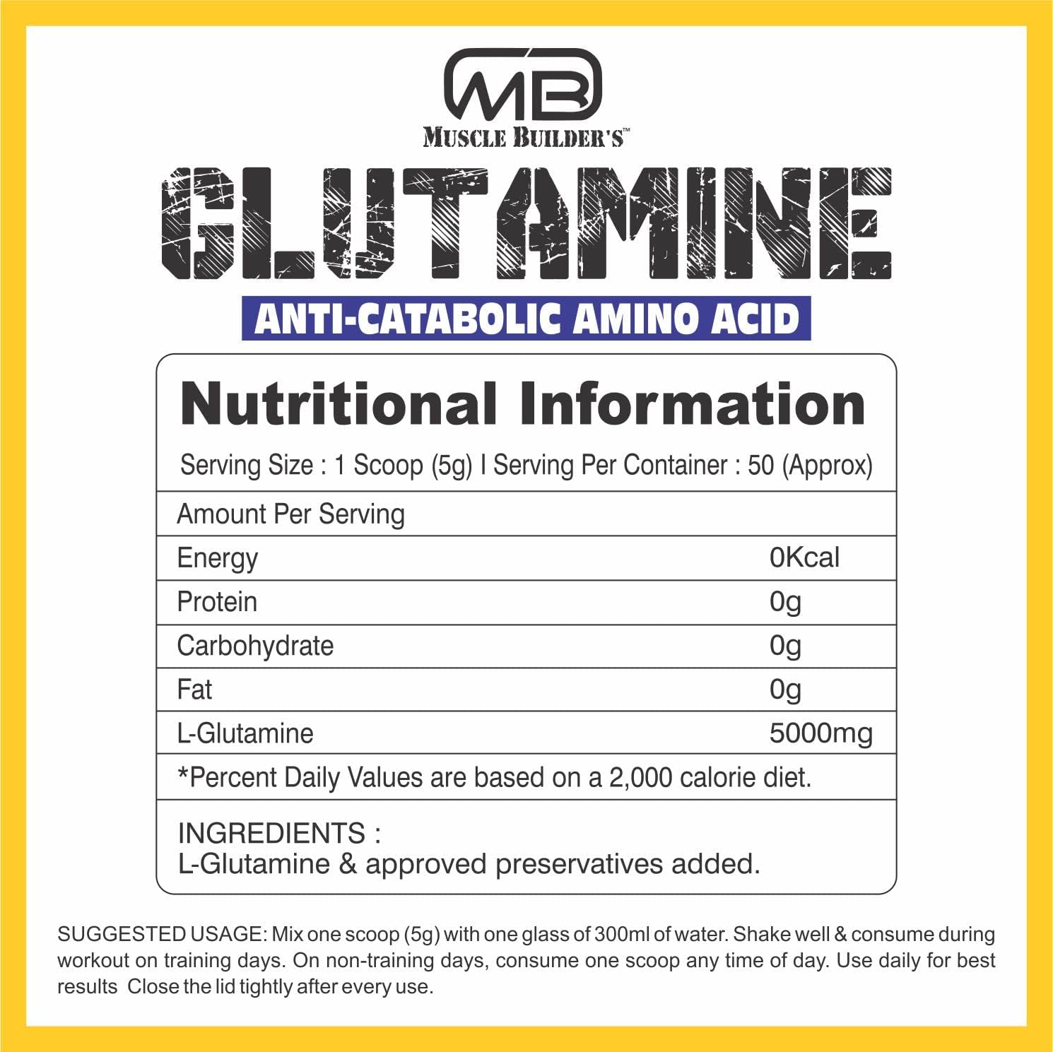 M B Muscle Builder's Glutamine Supplement | For Muscle Building | Post workout Recovery & Performance| 250 gm, 50 Servings