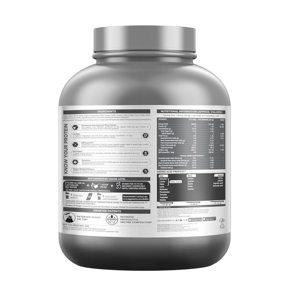 MuscleBlaze Biozyme Performance Whey Protein Powder, Blue Tokai Coffee (2kg / 4.4lbs) | 25g Protein Per Scoop | Clinically Tested 50% Higher Protein Absorption