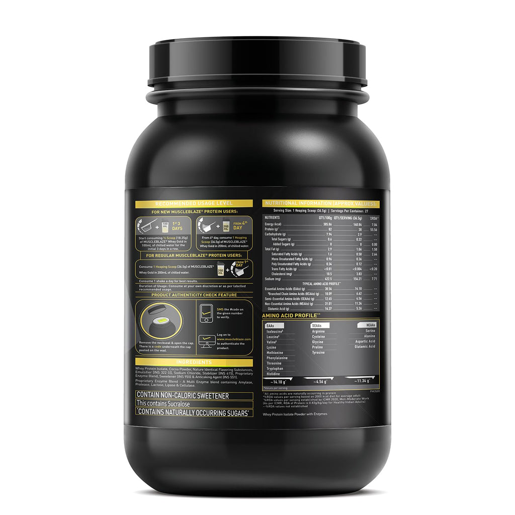 MuscleBlaze Whey Gold, 100% Whey Protein Isolate, Labdoor USA Certified, 30g Whey Protein Per Scoop (Rich Milk Chocolate, 1kg / 2.2lb)
