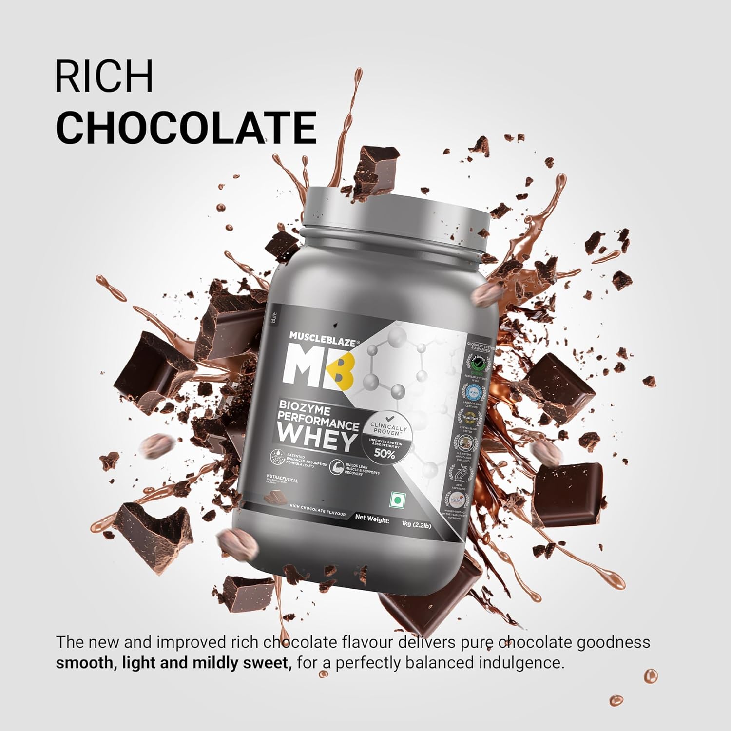 MuscleBlaze Biozyme Performance Whey Protein Powder, Rich Chocolate (1kg / 2.2lbs) | 25g Protein Per Scoop | Clinically Tested 50% Higher Protein Absorption