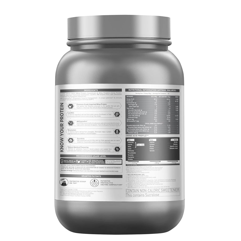 MuscleBlaze Biozyme Performance Whey Protein Powder, Rich Chocolate (1kg / 2.2lbs) | 25g Protein Per Scoop | Clinically Tested 50% Higher Protein Absorption