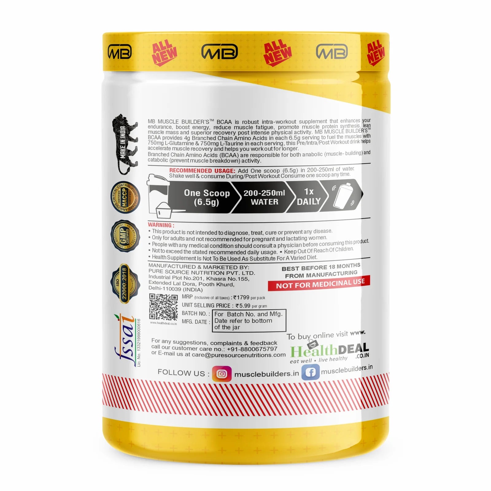 MB Muscle Builder’s BCAA powder with L-Glutamine, L-Taurina, for Energy Burst & Athletic Performance – 30 Servings [200g]