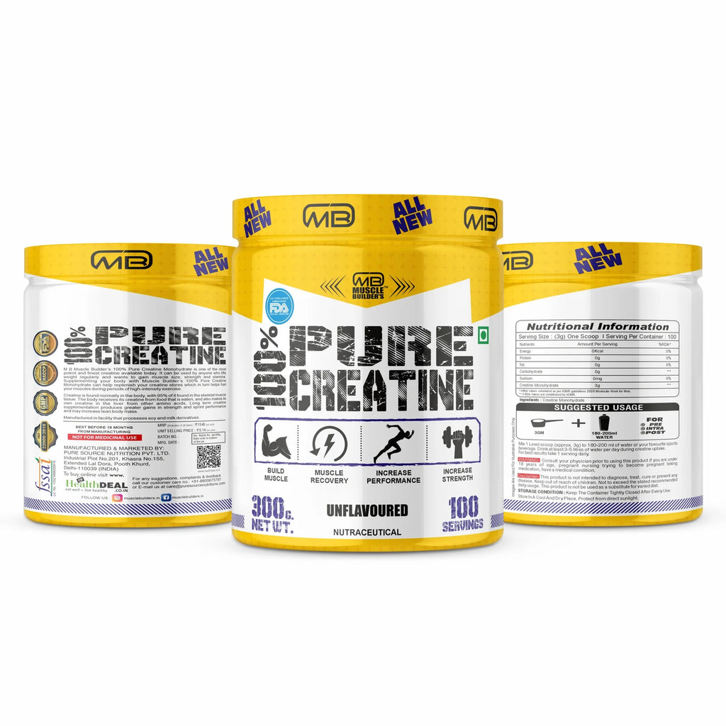 MB Muscle Builder’s 100% Pure Creatine Monohydrate, Pure 3g Micronized Powder with Rapid Dissolution & Absorption, Supports Performance & Recovery- Unflavored, Single Ingredient- 300g (100 servings)