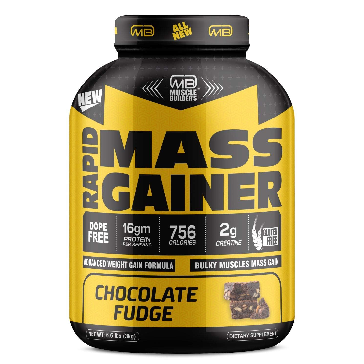 M B Muscle Builder's Rapid Mass Gainer High Protein Muscle Mass Gainer with Creatine, 756 Calories & 16g Protein, Gain Strength & Size, Weight Gainer [3 Kg / 6.6 lb, Chocolate Fudge]