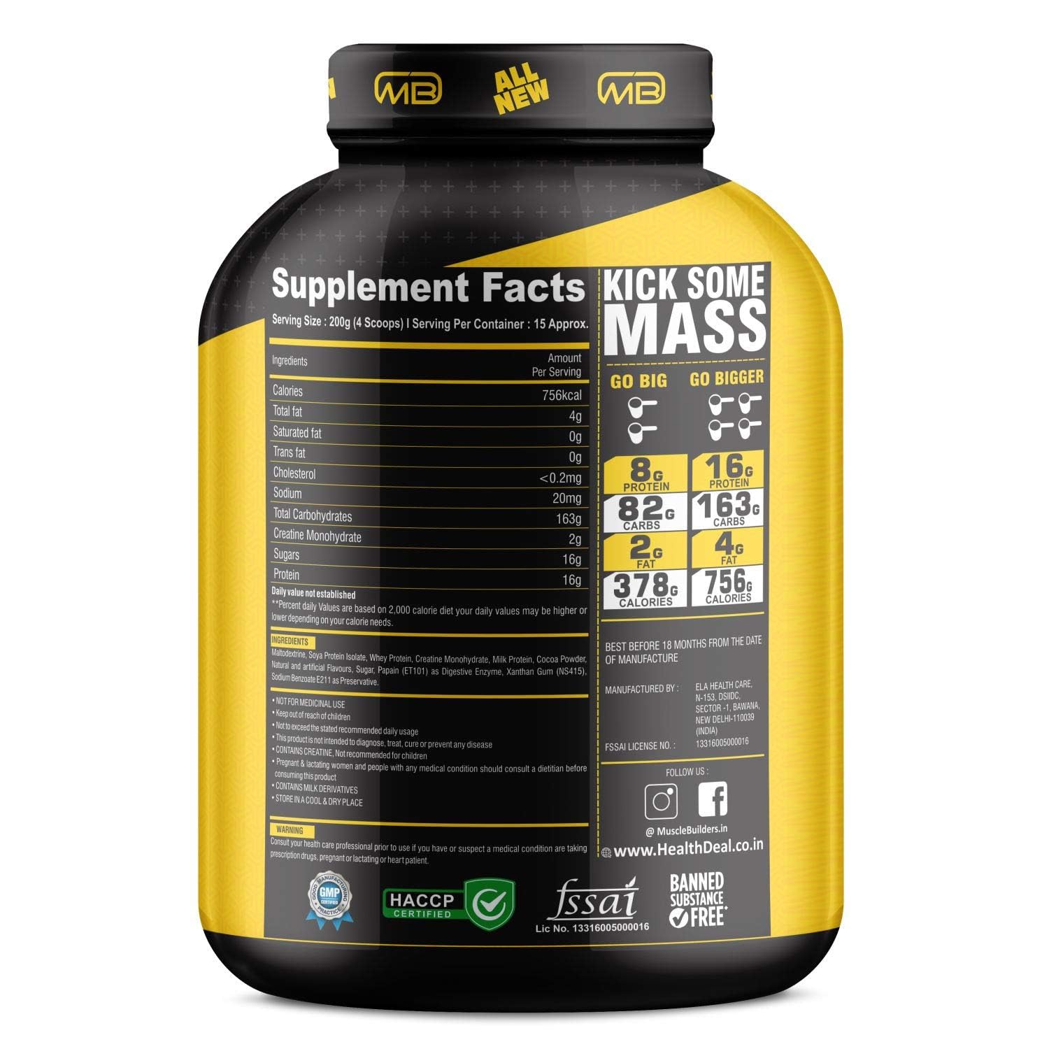 M B Muscle Builder's Rapid Mass Gainer High Protein Muscle Mass Gainer with Creatine, 756 Calories & 16g Protein, Gain Strength & Size, Weight Gainer [3 Kg / 6.6 lb, Chocolate Fudge]