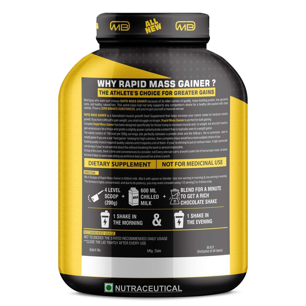M B Muscle Builder's Rapid Mass Gainer High Protein Muscle Mass Gainer with Creatine, 756 Calories & 16g Protein, Gain Strength & Size, Weight Gainer [3 Kg / 6.6 lb, Chocolate Fudge]