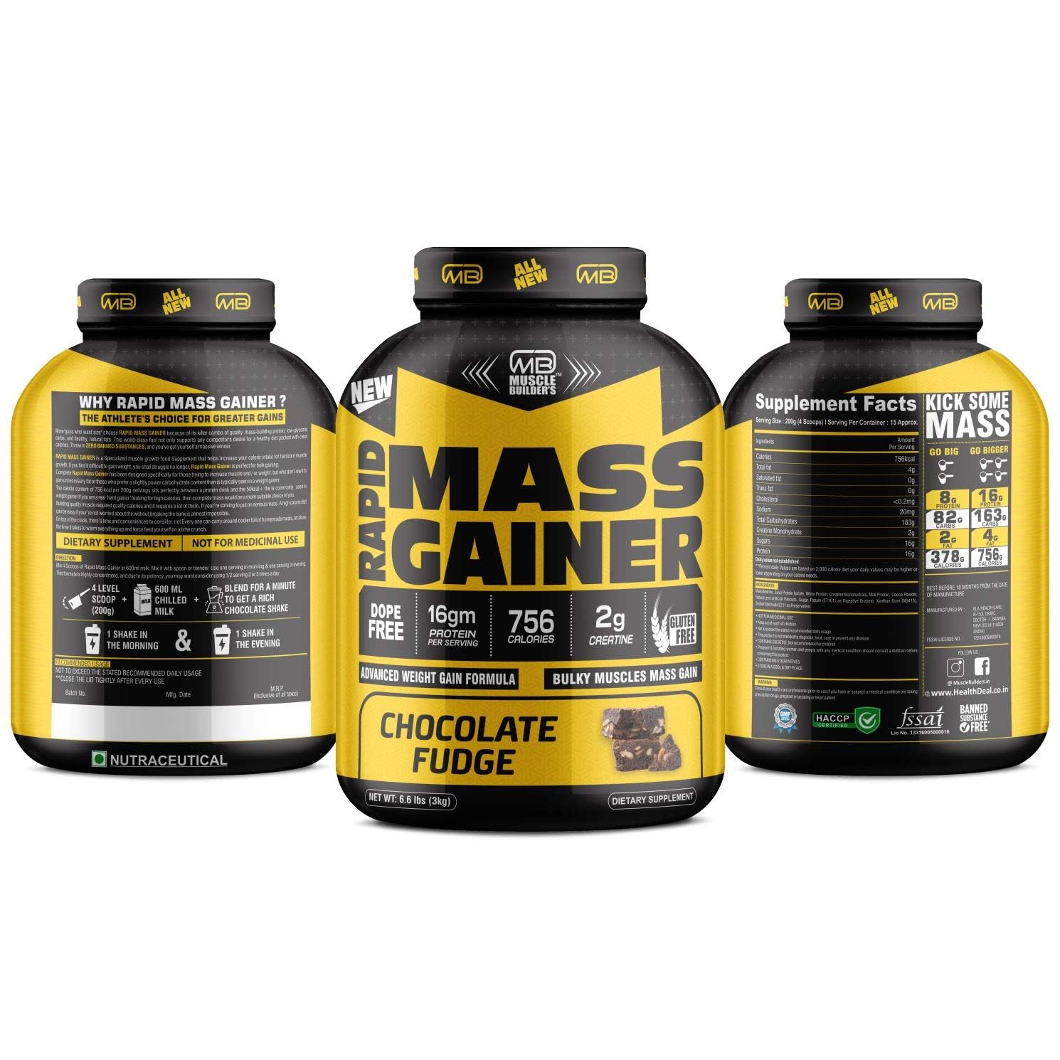 M B Muscle Builder's Rapid Mass Gainer High Protein Muscle Mass Gainer with Creatine, 756 Calories & 16g Protein, Gain Strength & Size, Weight Gainer [3 Kg / 6.6 lb, Chocolate Fudge]