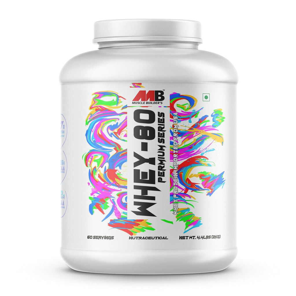 MB Muscle Builder's Whey 80 Protein Supplement Powder With Digestive Enzyme | BCAA | Whey Protein | - (Chocolate, 4.4 Lbs)