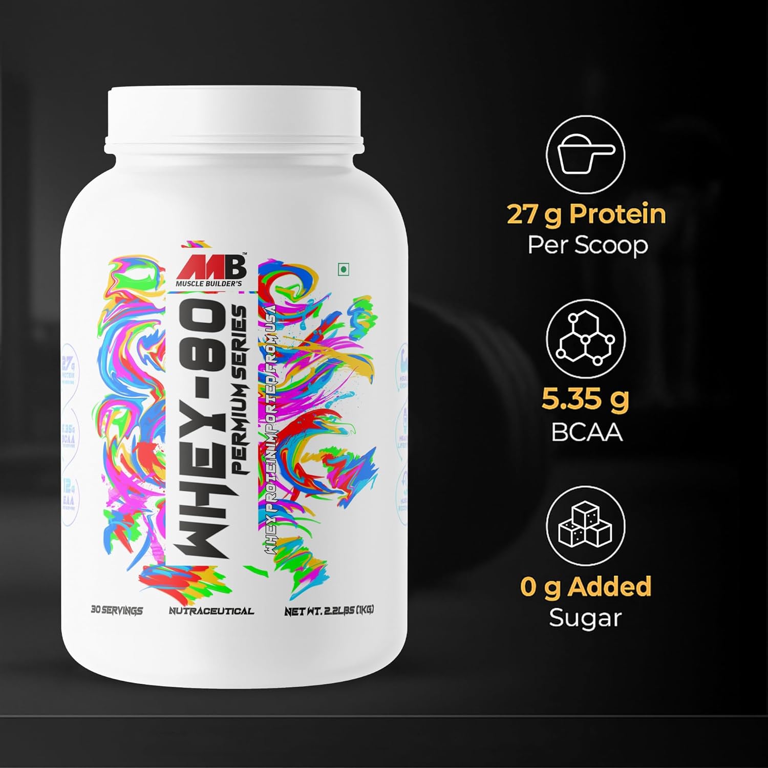 M B Muscle Builder's Whey Protein 80 with 24g Protien | 6g BCAA | 0g Sugar | USA Imported Whey Protein | Irish Cream Chocolate Flavour | 2.2 Lb