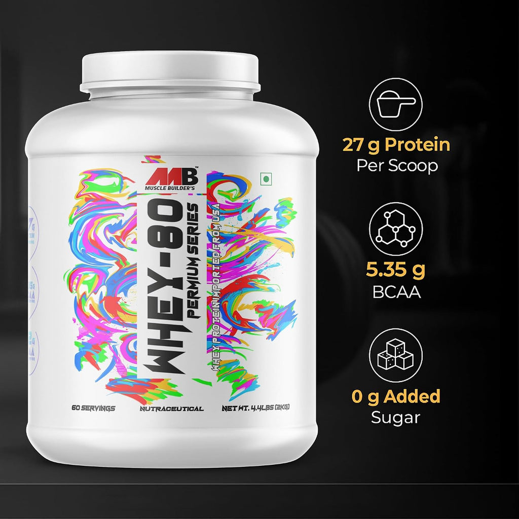 MB Muscle Builder's Whey 80 Protein Supplement Powder With Digestive Enzyme | BCAA | Whey Protein | - (Chocolate, 4.4 Lbs)