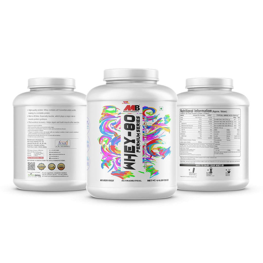 MB Muscle Builder's Whey 80 Protein Supplement Powder With Digestive Enzyme | BCAA | Whey Protein | - (Chocolate, 4.4 Lbs)