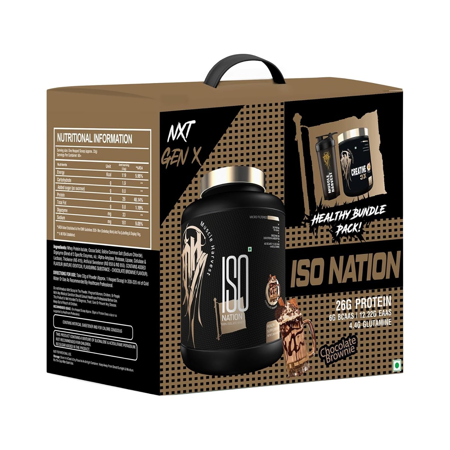 ISO Nation Whey Protein Isolate 2kg | 26g Protein per Serving | Fast Absorption | Digestive Enzymes, 6g BCAAs & 4.4g Glutamine | Lean Muscle & Recovery | Chocolate Brownie