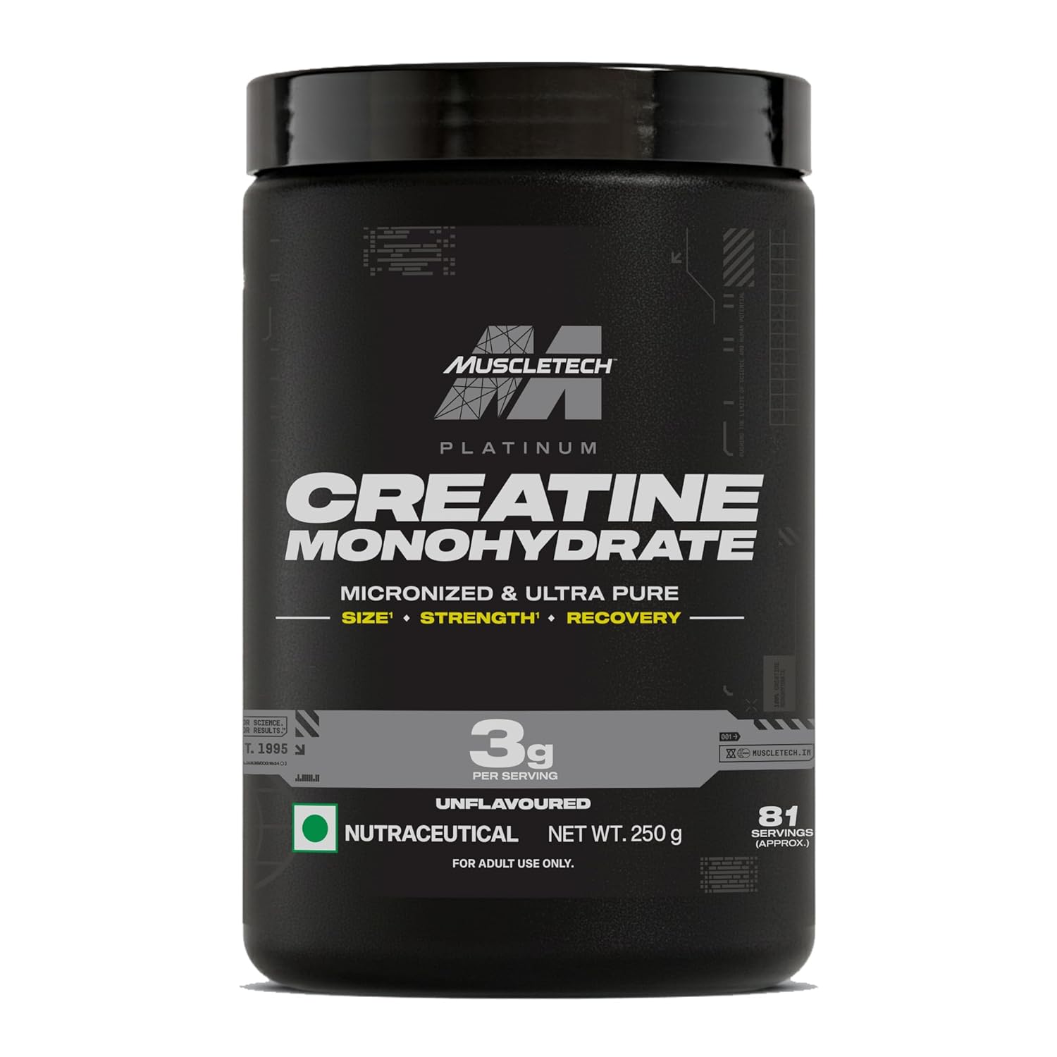 MuscleTech Platinum Creatine Micronized Powder | 81 Servings | Creatine Monohydrate | Supports Strength, Power & Muscle Recovery | MuscleTech Creatine Unflavoured - 250g