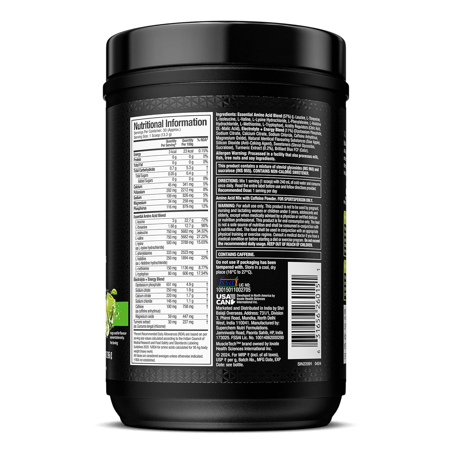 MuscleTech Eaa + Energy | Essential Amino Acids + 100Mg Caffeine | Replenish Electrolytes | Ultimate Recovery 7.4 grams Eaa | 4.5 grams Bcaa | 3 grams Leucine | 30 Servings | Sour Apple, Powder