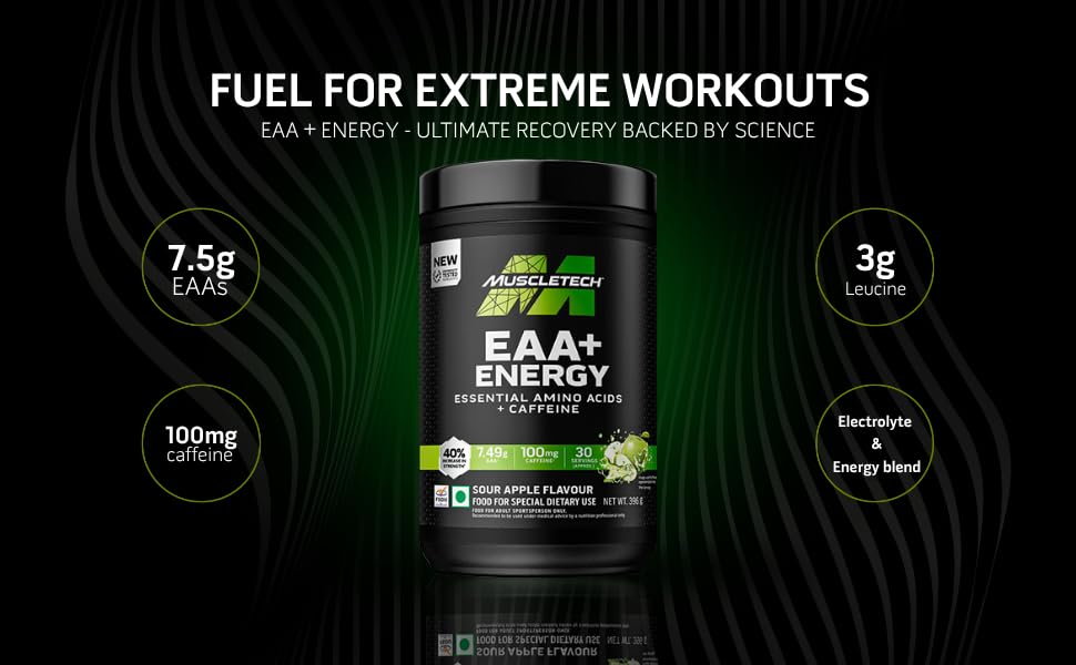 MuscleTech Eaa + Energy | Essential Amino Acids + 100Mg Caffeine | Replenish Electrolytes | Ultimate Recovery 7.4 grams Eaa | 4.5 grams Bcaa | 3 grams Leucine | 30 Servings | Sour Apple, Powder